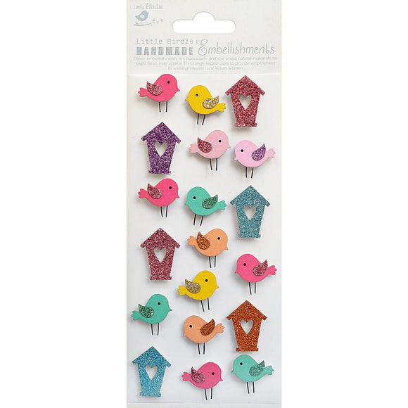 Little Birdie Mini Glitter Embellishments 19/Pkg - Bird & Birdhouse