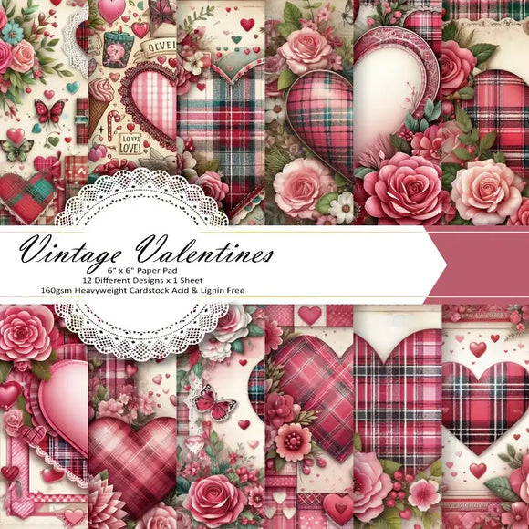 Vintage Valentines Plaid Hearts & Roses Paper Pack 6