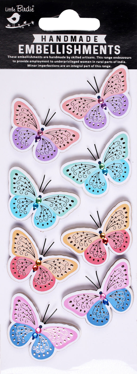 Little Birdie Glitter Handmade Embellishment 8/Pkg - Vivid Butterflies