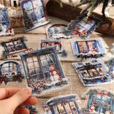 Vintage Christmas Window Sill Snow Scene PET Stickers (25 pcs)