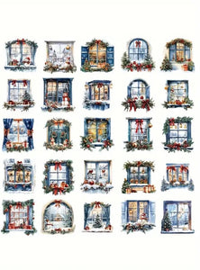 Vintage Christmas Window Sill Snow Scene PET Stickers (25 pcs)