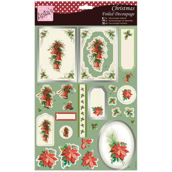 Anita's Christmas A4 Foiled Decoupage Sheet - Bells & Poinsettia