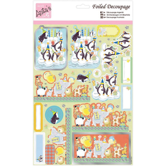 Anita's Christmas A4 Foiled Decoupage Sheet - Penguin Birthday