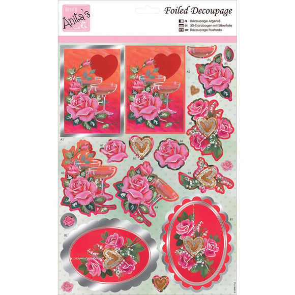 Anita's A4 Foiled Decoupage Sheet - Champagne & Roses